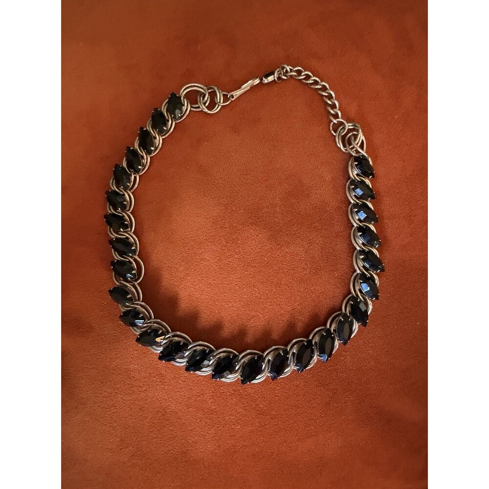 Silver Tone Black Curb Link Chain Bracelet Adjustable Hook Closure Metal